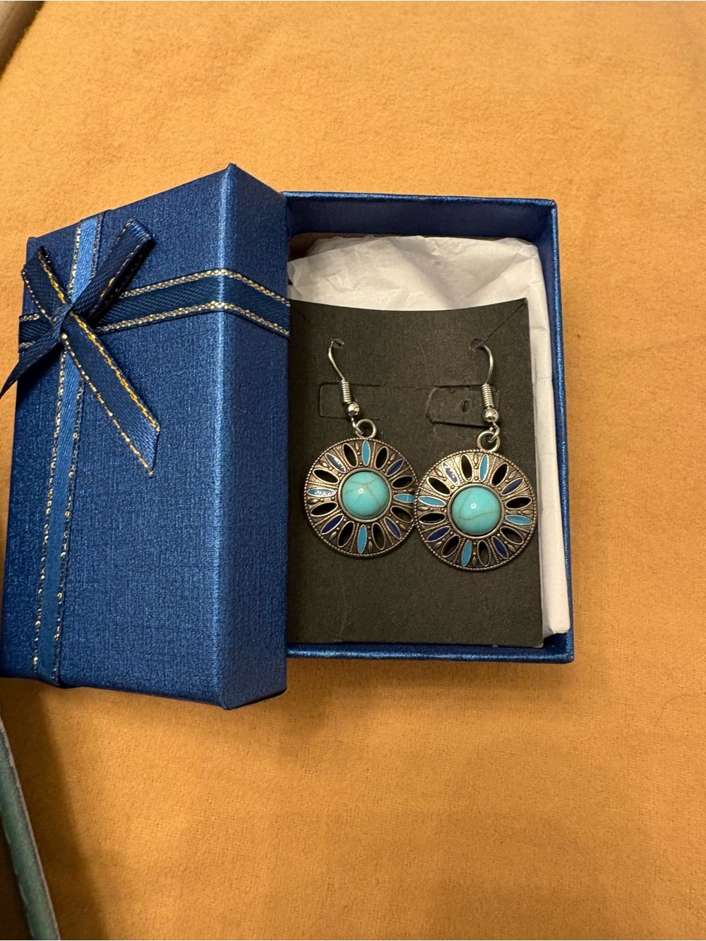 Boho Faux Turquoise Silver Mandala Drop Earrings NIB